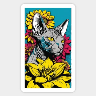 Sphynx Cat Vibrant Tropical Flower Tall Retro Vintage Digital Pop Art Portrait 3 Sticker